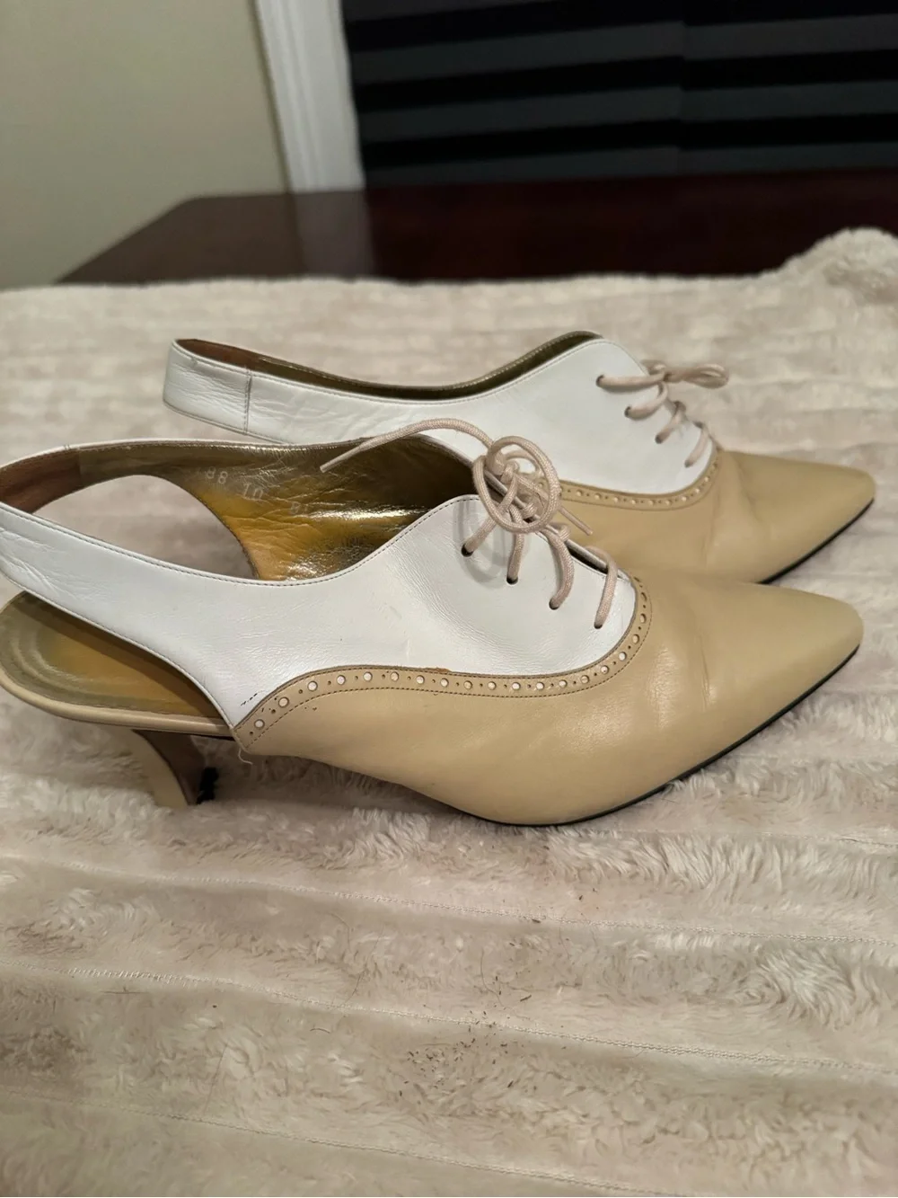Vintage ESCADA Italy Two-Tone Leather Slingback Pumps Pointed Toe Lace-Up Heels